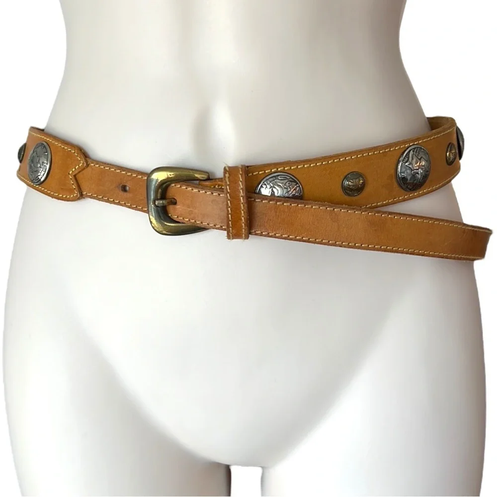 VTG Mustard Yellow Leather Coin Belt Brass Silver Metal Medallions Western Boho